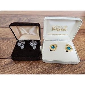 Two Pair Of Clip On Earrings, Weiss, Clear Rhinestone Cluster, Blue